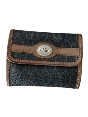 Vintage Christian Dior Monogram Canvas Wallet Card Holder Brown Leather Trim